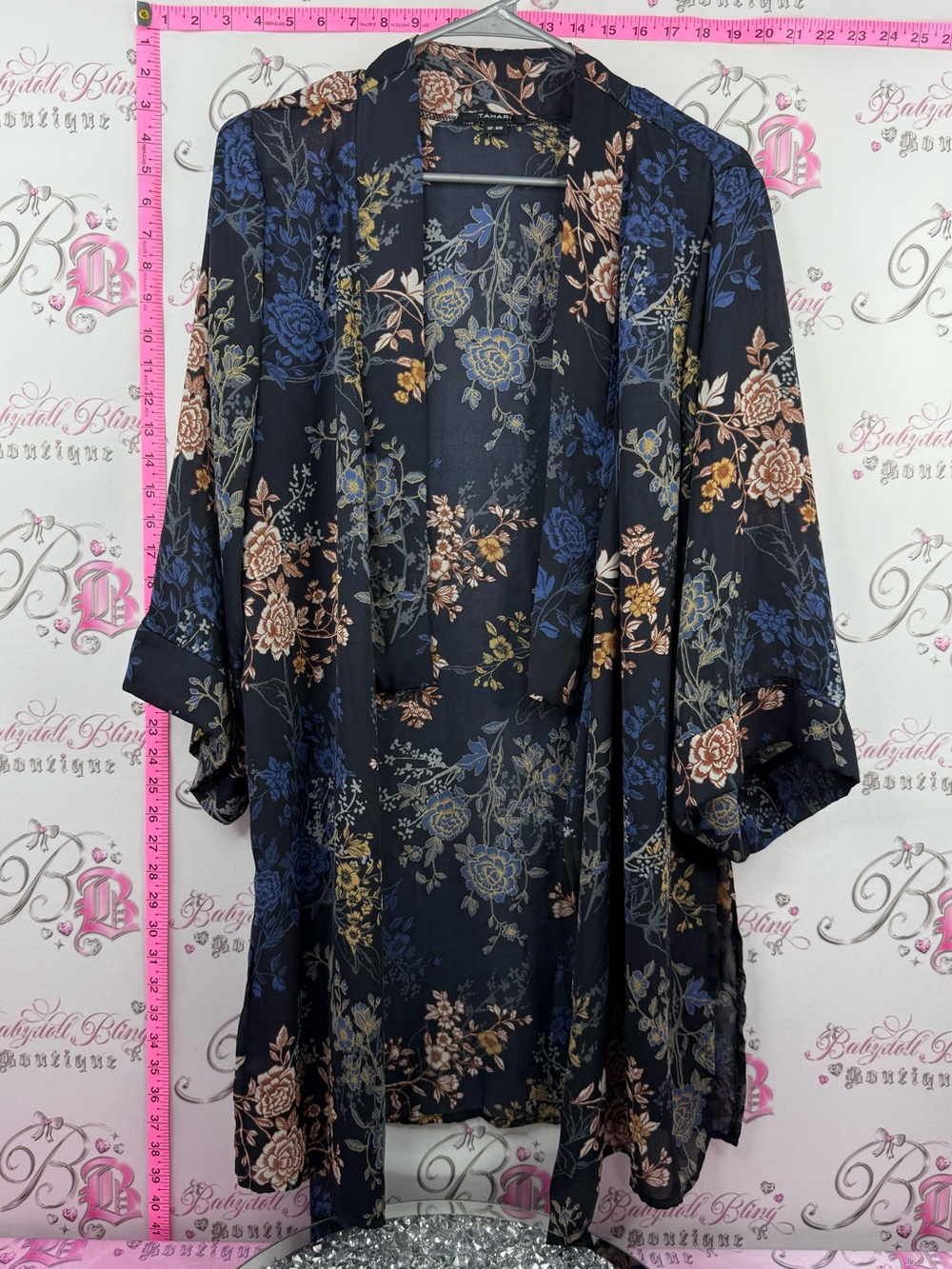 Tahari cardigan flowy Black Floral Kimono Robe with Blue & Tan Blooms